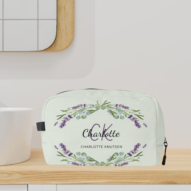 Lavender flowers sage green name monogram dopp kit (Creator Uploaded)