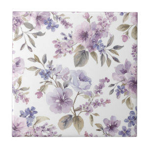 Lavender Flowers Watercolor Purple Botanical Ceramic Tile