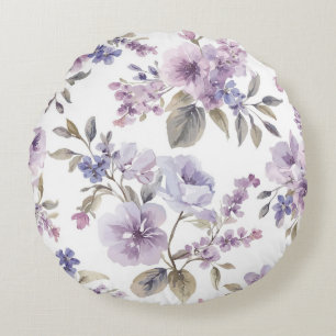 Lavender Flowers Watercolor Purple Botanical Round Cushion