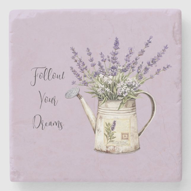 Lavender Flowers Watering Can Stone Coaster (Front)