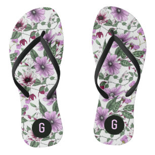 Lavender flowers with green leaves pattern thongs