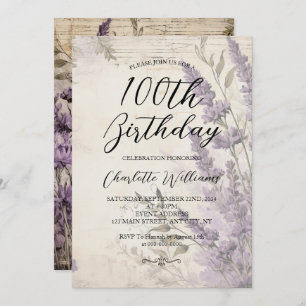 Lavender Flowers Women 100th Birthday Invitation