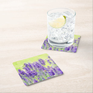 Lavender Flowers Yellow Watercolor Floral Square Paper Coaster