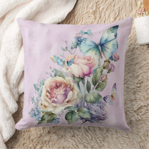 Lavender Foil and Purple Pink Peonies Butterfly Cushion