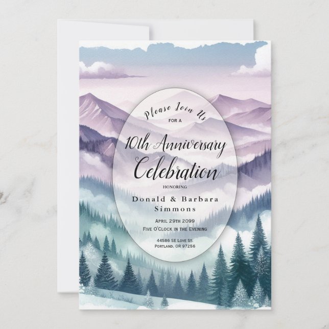 Lavender Frost in the Alpine Mist Anniversary Invitation (Front)