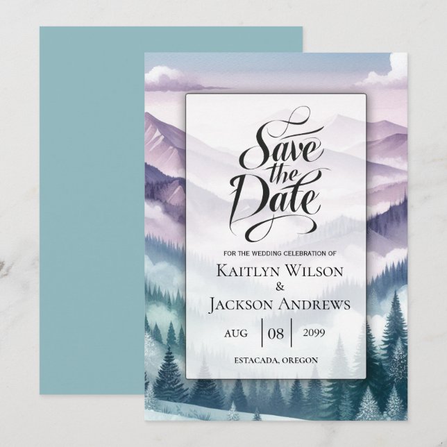 Lavender Frost in the Alpine Mist Wedding Save The Date (Front/Back)