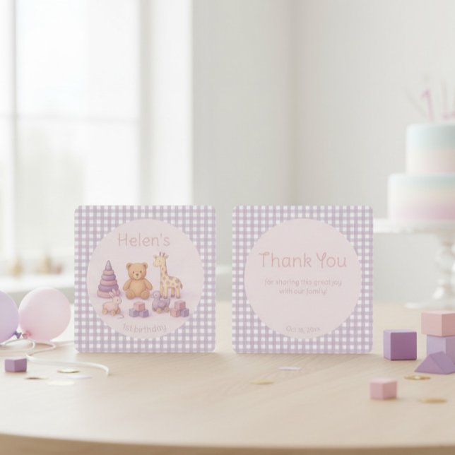 Lavender Gingham 1st Birthday Thank You Card (Creator Uploaded)