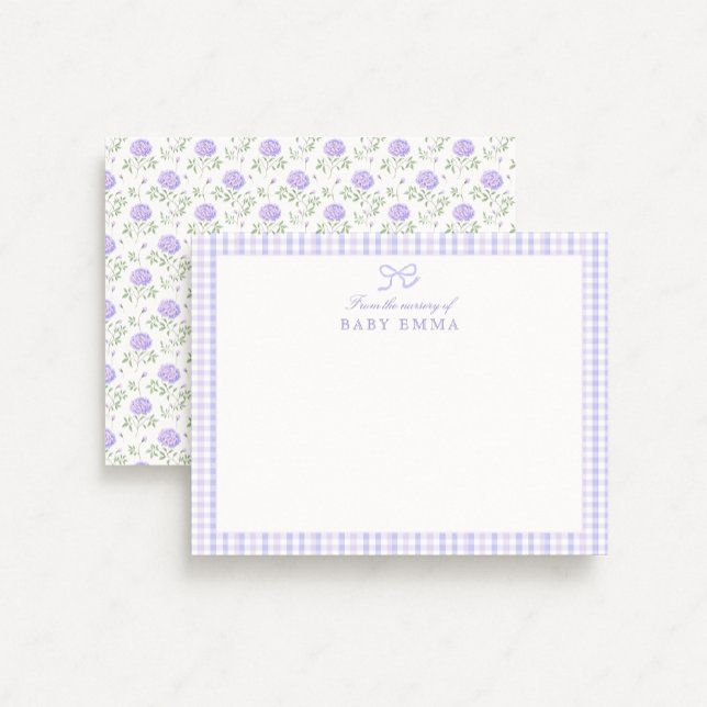 Lavender Gingham & Floral Baby Note Card  (Creator Uploaded)