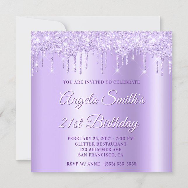 Lavender Glitter Drips Shimmer Drop Shadow Invitation (Front)