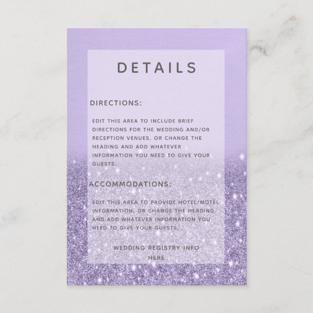 Lavender Glitter Modern Wedding Details Enclosure Card (Front)