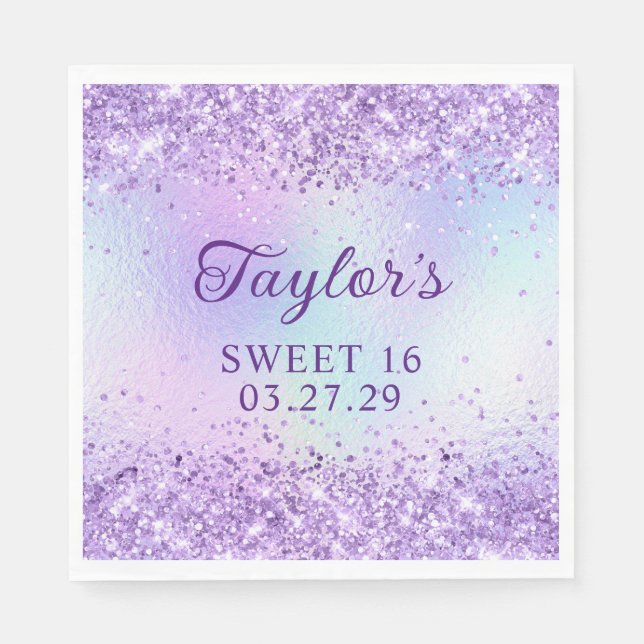 Lavender Glitter Pale Iridescent Foil Sweet 16 Napkin (Front)