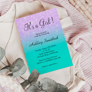 Lavender glitter turquoise ombre girl baby shower invitation