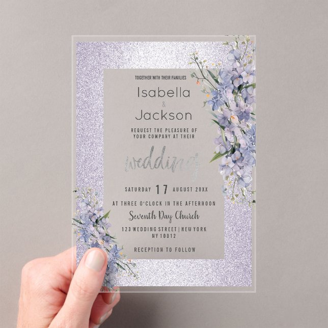 Lavender glitter wildflowers floral Wedding Acrylic Invitations (Insitu (Handheld))
