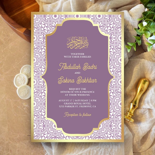 Lavender Gold Arabesque Pattern Muslim Wedding Invitation (Creator Uploaded)