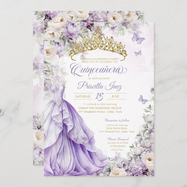 Lavender & Gold Butterfly Princess Quinceañera Invitation (Front/Back)
