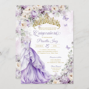 Lavender & Gold Butterfly Princess Quinceañera Invitation