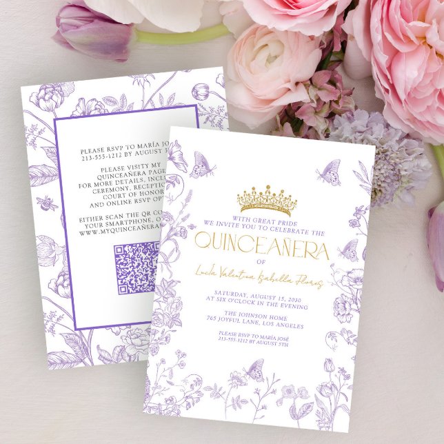 Lavender Gold Butterfly Quinceañera QR Quince Años Invitation (Creator Uploaded)