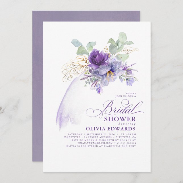 Lavender & Gold Elegant Modern Boho Bridal Shower Invitation (Front/Back)