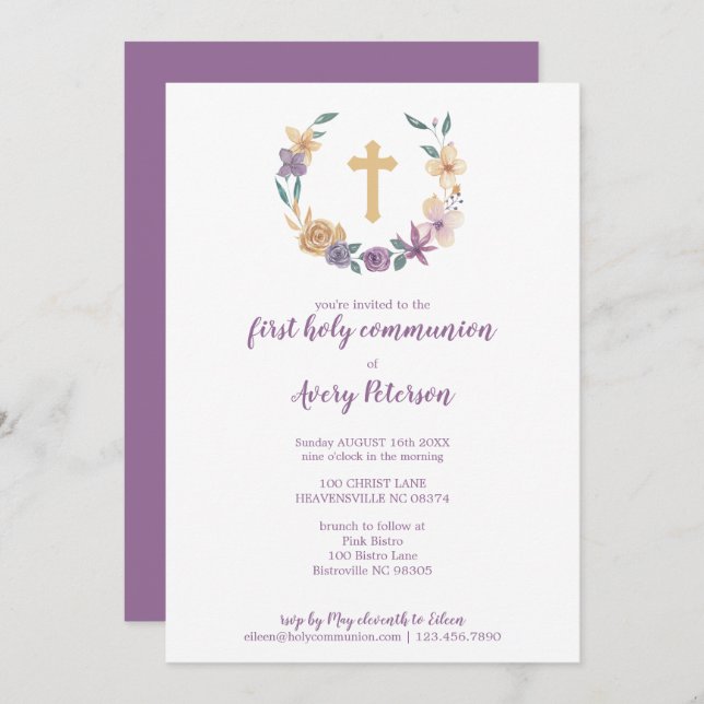 Lavender & Gold Floral Cross First Holy Communion Invitation (Front/Back)