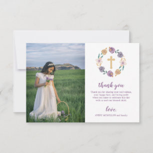 Lavender & Gold Floral Cross First Holy Communion Thank You Card