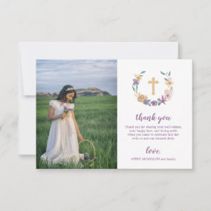 Lavender & Gold Floral Cross First Holy Communion Thank You Card
