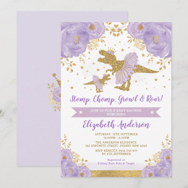 Lavender Gold Floral Dinosaur Girl Baby Shower Invitation (Front/Back)