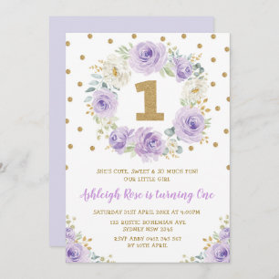 Lavender Gold Floral Rose 1st Birthday Tea Party Invitation