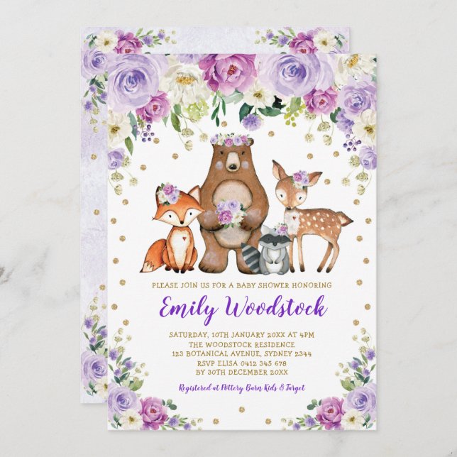 Lavender Gold Floral Woodland Animals Baby Shower Invitation (Front/Back)