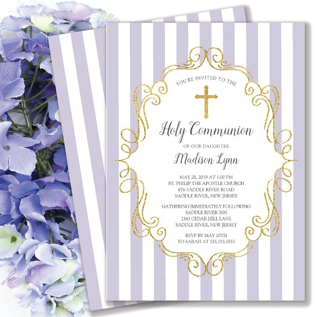 Lavender & Gold Frame First Holy Communion Invitation (Creator Uploaded)