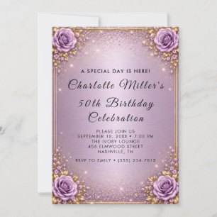 Lavender Gold Glitter 50th Birthday Invitation