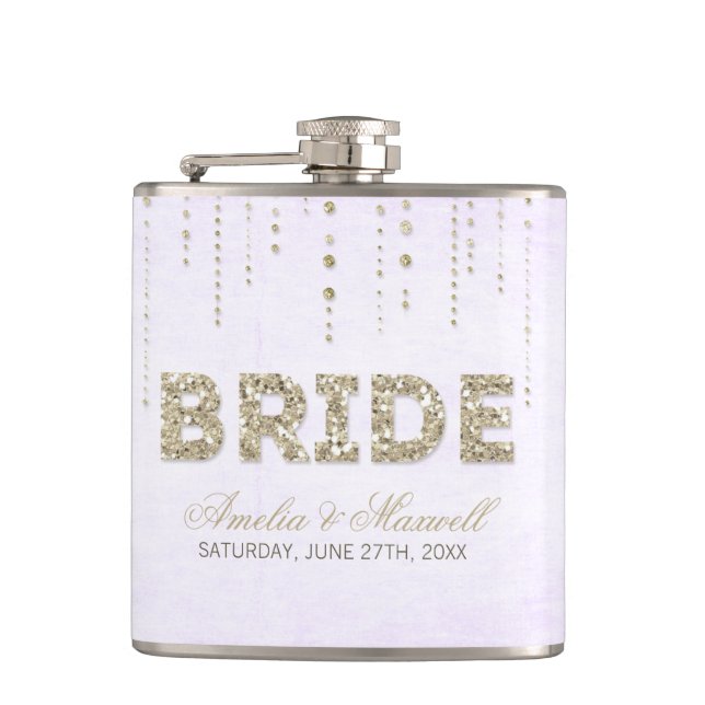 Lavender & Gold Glitter Look Bride Flask (Front)