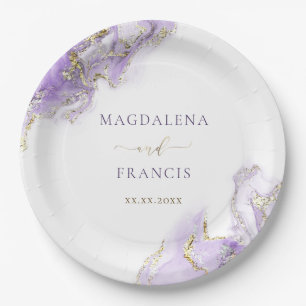 lavender gold ink marble wedding paper plate