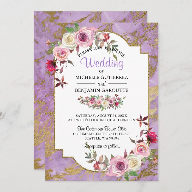 Lavender Gold Marble Floral Wedding Invitation (Front/Back)