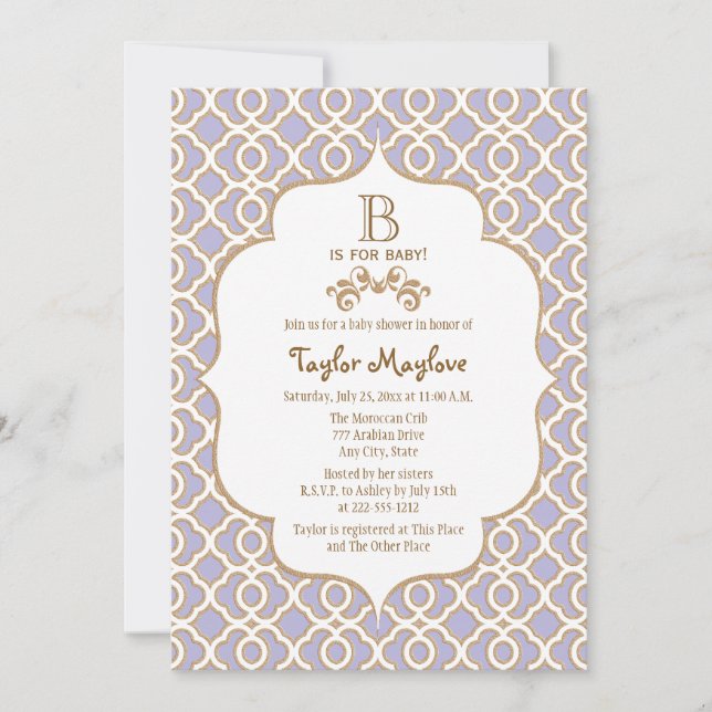 Lavender Gold Moroccan Baby Shower Invitations (Front)