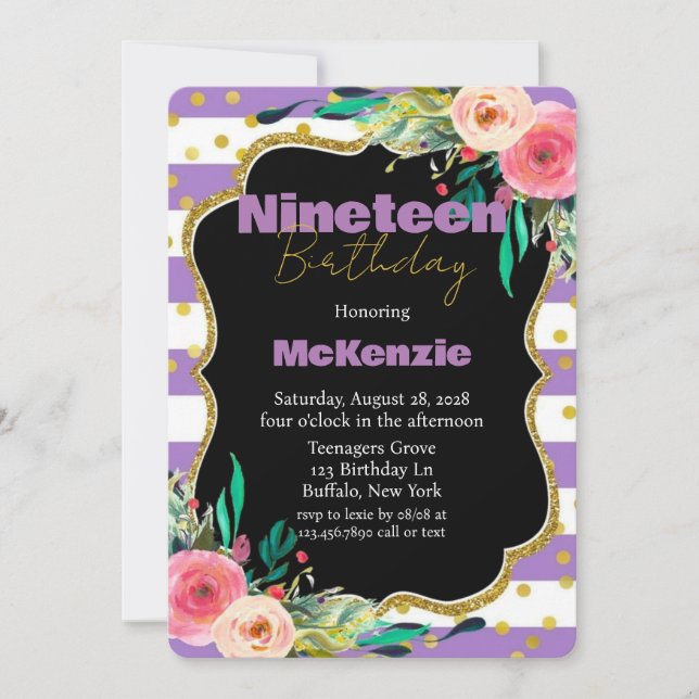 Lavender Gold Peony Girl 19th Birthday Party Invitation (Front)