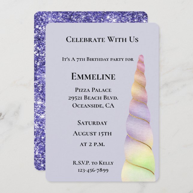 Lavender Gold Pink Purple Lime Unicorn Birthday  Invitation (Front/Back)