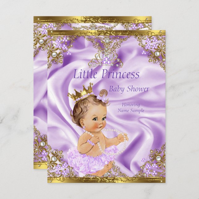 Lavender Gold Princess Baby Shower Brunette Girl Invitation (Front/Back)