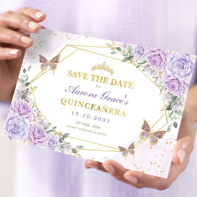 Lavender Gold Roses Quinceanera Save the Date Announcement (Creator Uploaded)