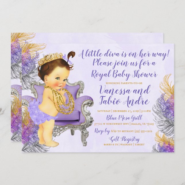 Lavender Gold Silver Watercolor Baby Shower Invitation (Front/Back)