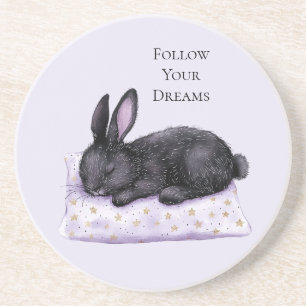 Lavender Gold Stars Pillow Sleeping Black Bunny Coaster