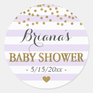 Lavender Gold Stripe Confetti Baby Girl Shower Classic Round Sticker