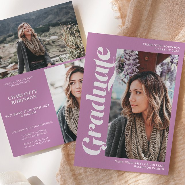 Lavender graduate script 3 photo graduation invitation (Lavender graduate script 3 photo graduation invitation)