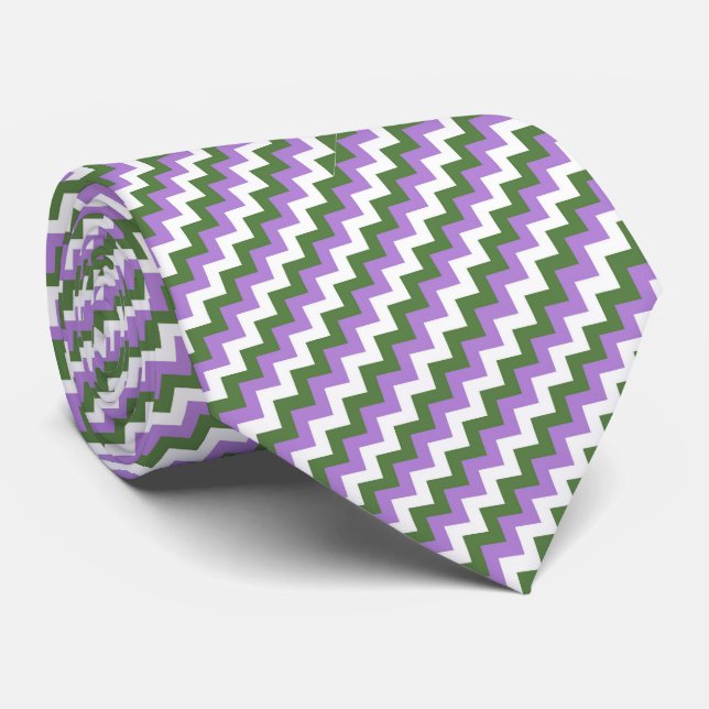 Lavender, Green and White Chevron Zigzag Tie (Rolled)