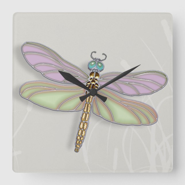 Lavender & Green Dragonfly Square Wall Clock (Front)