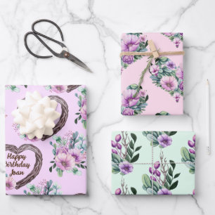 Lavender & Green Floral Hearts Personalize Name Wrapping Paper Sheet