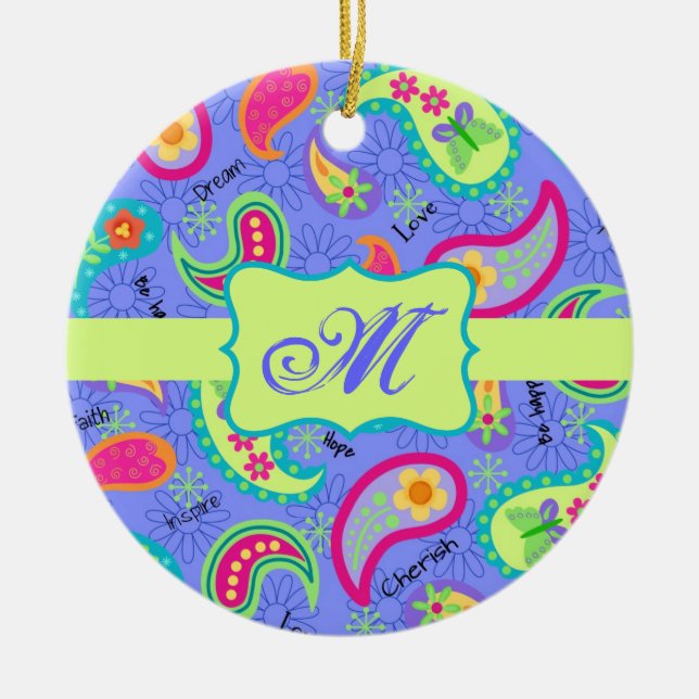 Lavender Green Modern Paisley Pattern Monogram Ceramic Ornament (Front)