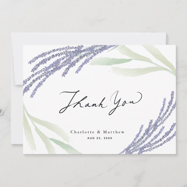 Lavender & Greenery Caligraphy Wedding Thank You Card (Front)