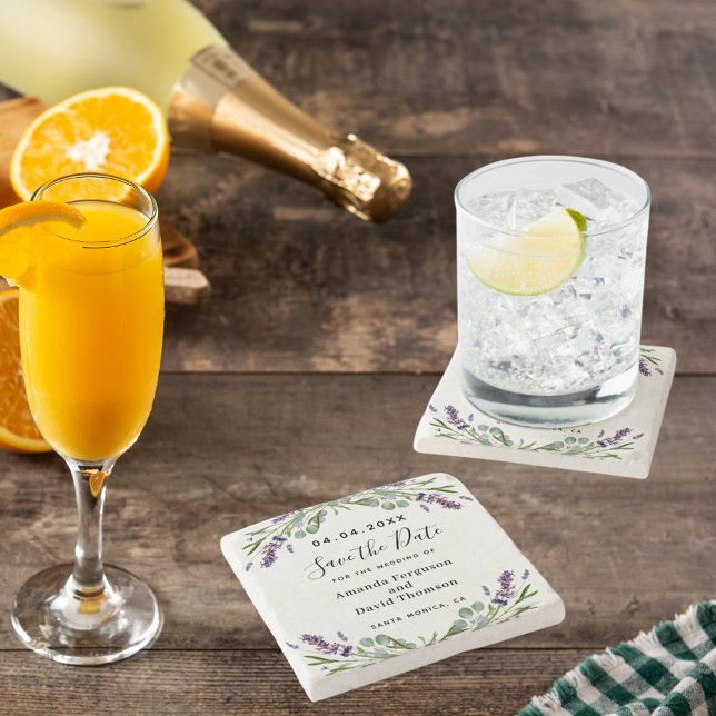 Lavender greenery floral wedding save the date stone coaster (Creator Uploaded)