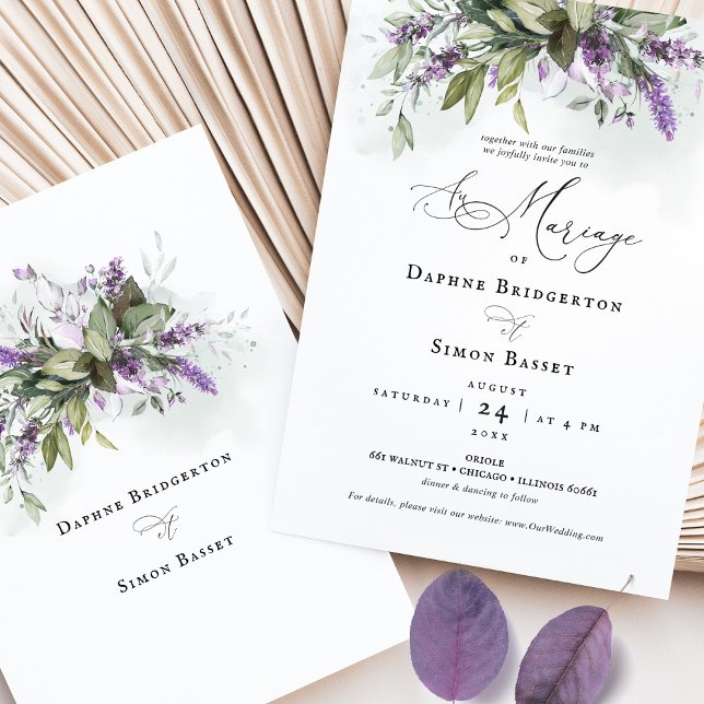 Lavender Greenery French Script Wedding Invitation (Creator Uploaded)