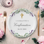 Lavender greenery violet florals Confirmation Paper Plate<br><div class="desc">A white background. Decorated with lavender florals,  eucalyptus greenery and a faux gold cross.   Personalise and add a name and a date.</div>